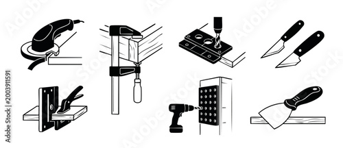 Woodworking Tools Icons Set, Carpentry Equipment Collection with Drill, Sander, Clamp and Putty Knife for Construction and DIY Projects, Minimalist Black and White Vector Illustration for Manual Labor