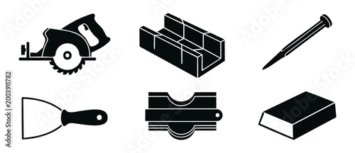 Construction Tools Icon Set, Circular Saw Miter Box Nail Putty Knife - Vector Illustration for Home Improvement, DIY Renovation, Building Supplies, Carpentry Equipment, Maintenance Symbols, Black Silh
