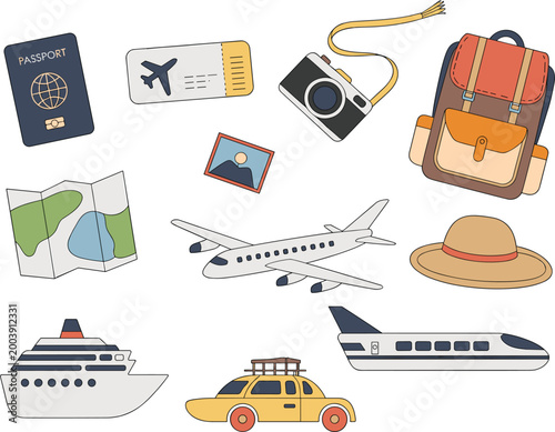 Travel elements set with passport airplane camera backpack map cruise ship taxi summer vacation vector illustration