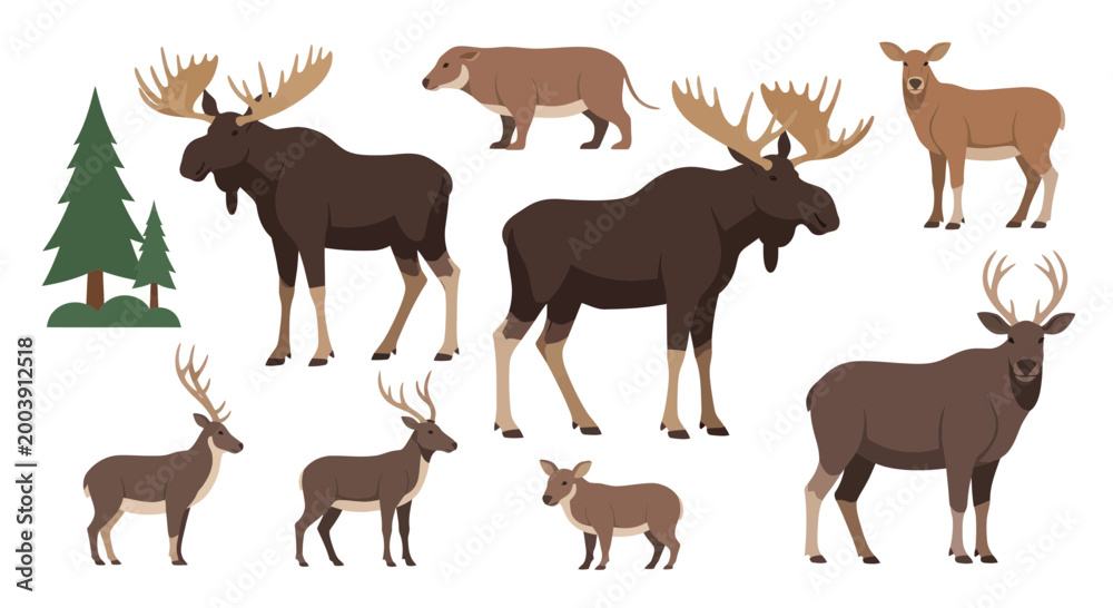 Fototapeta premium Collection of Diverse Mammals: Moose, Deer, and Wild Boar Illustrations