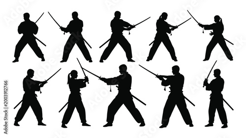 Silhouette collection of kendo practitioners with swords in various fighting poses isolated on white high quality professional detailed modern elegant stylish