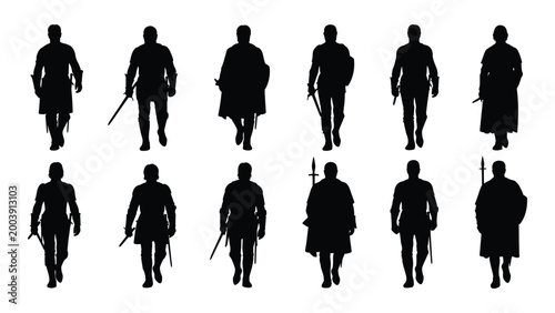 Silhouette collection of medieval knights and soldiers with swords isolated on a white background high quality professional detailed modern elegant stylish
