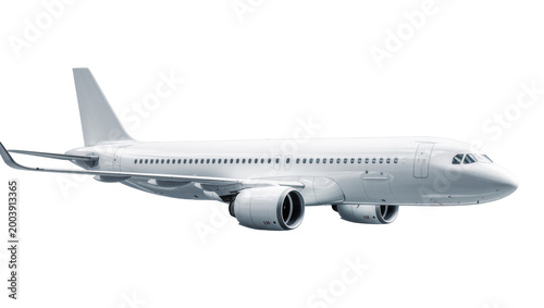 Modern passenger airplane in flight against a plain surface
