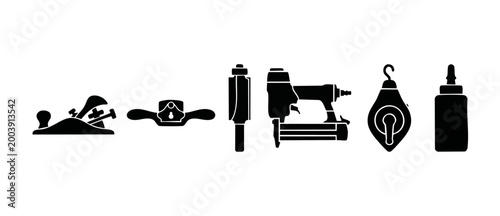 Woodworking Hand Tools Icon Set for Carpentry and Home Improvement Projects. Collection of black silhouettes including manual plane, router bit, nail gun, chalk line, and wood glue for professional cr