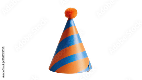 Tableau sur toile Blue and Orange Striped Party Hat with Fuzzy Pom Pom