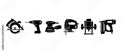 Power tools icon set for construction and woodworking projects. Professional carpenter equipment collection featuring circular saw, drill, orbital sander, jigsaw, router, and nail gun silhouettes. Iso
