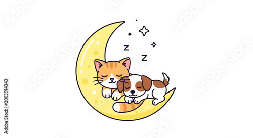 Schilderij op canvas Cute dog and cat sleeping together.