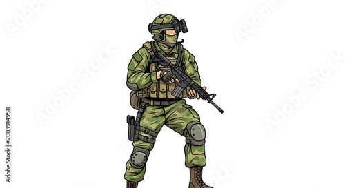 Foto Soldier in green camouflage uniform gear.