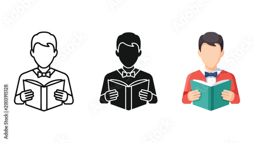 Set of stylized icons: person reading book in outline, silhouette, and flat color vector illustration