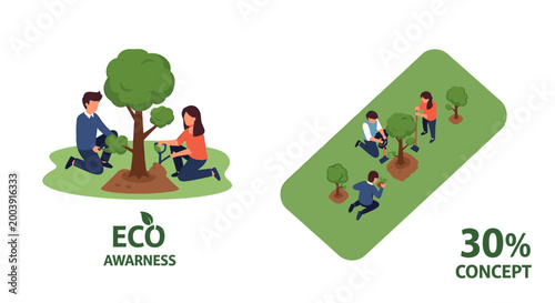 Vászonkép Cartoon illustration of people planting trees, emphasizing eco-awareness and environmental protection efforts for a greener planet