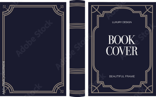 Принти на полотні Luxury dark blue book cover template with elegant gold frame and classic typogra