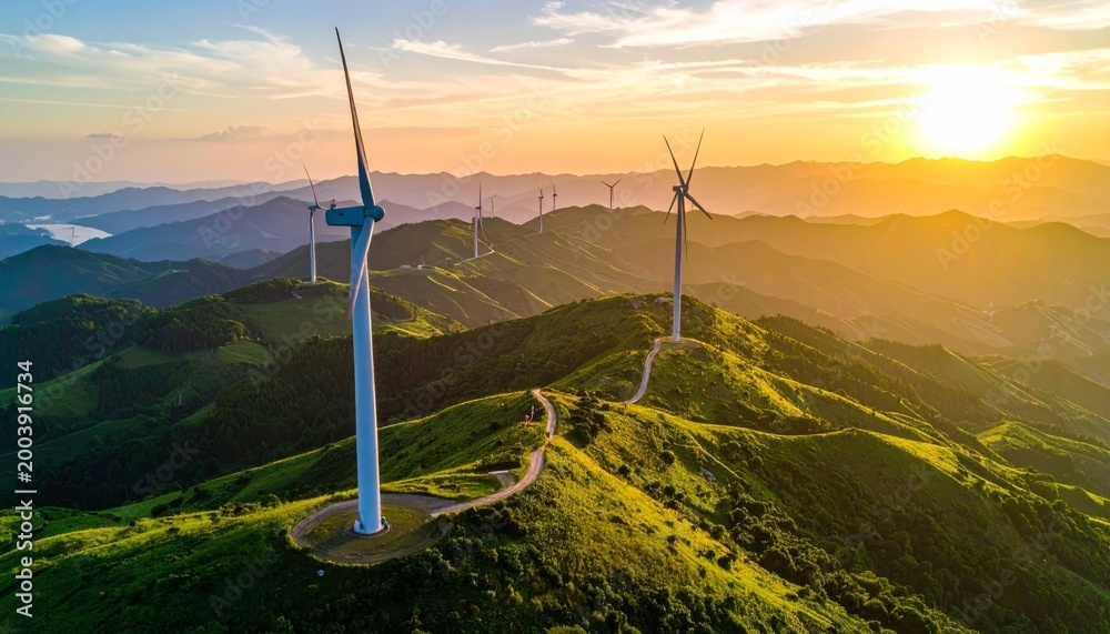 Naklejka premium A vibrant summer sunset over mountain peaks illuminates a landscape of green meadows and wind turbines generating clean ecology power under a cloudy sky