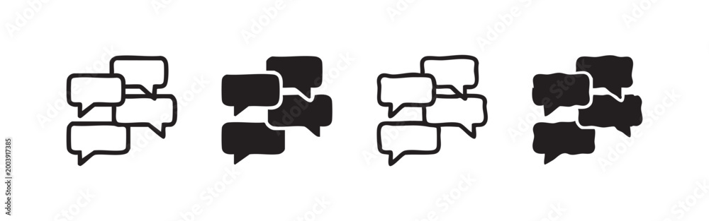 Fototapeta premium Four illustrated variations of speech bubble icons, in black and white.