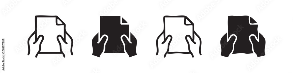 Obraz premium Four illustrated variations of hands holding a document icon, in black and white.