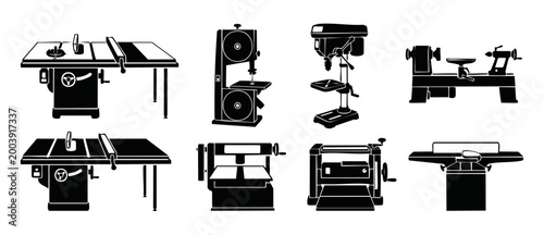Woodworking Machinery Icons Set, Professional Carpentry Workshop Power Tools, Vector Illustrations of Saw, Drill, Lathe, and Planer Machines for Construction Design and Industrial Manufacturing Projec