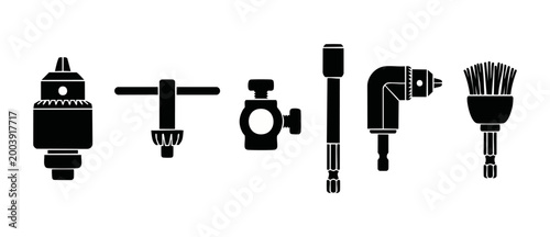 Power Drill Attachments Set, Professional Tool Accessories for Hardware Construction and Maintenance, Isolated Vector Icons for Industrial Equipment, Workshop Gear and Mechanical Repair Supplies Colle
