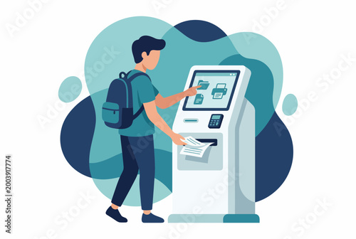 Modern Man Using Self Service Document Printing Kiosk