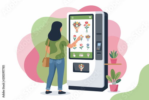 Woman Using Modern Self Service Flower Vending Machine Kiosk