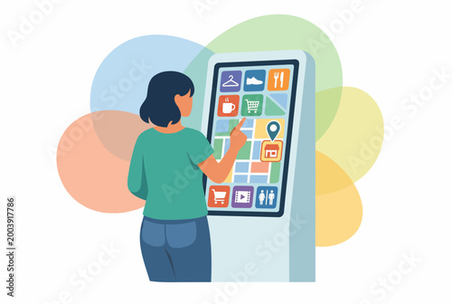 Woman using modern self service digital kiosk in public space