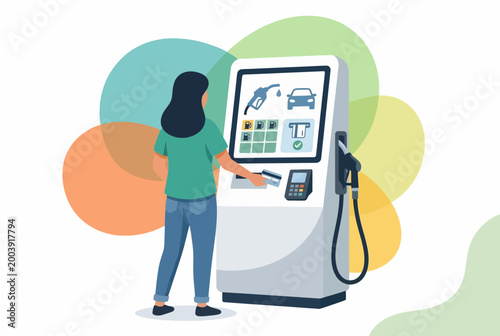 Woman Paying at Modern Self Service Gas Station Kiosk