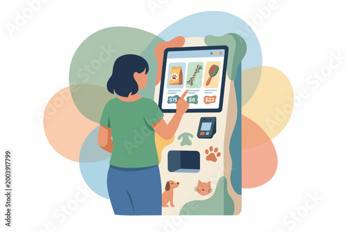 Woman Using Modern Self Service Kiosk in Pet Store