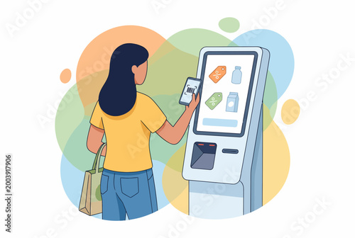 Woman using a modern self service kiosk for retail checkout