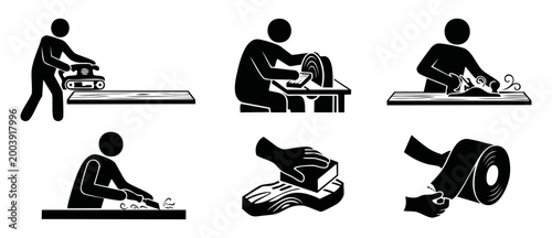 Foto Woodworking process icons set, carpentry tools and manual craft, sanding and pla