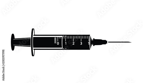 A stark black silhouette depicts a medical syringe lying horizontally showcasing its plunger barrel and needle silhouette high quality professional detailed modern elegant stylish