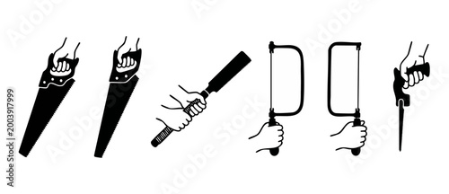 Tableau sur toile Hands holding saws set, professional carpenter tools vector icons, manual woodwo