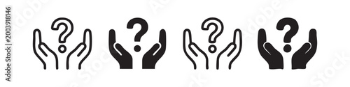 Bilde på lerret Set of 4 hands holding question mark icons: outline, solid black, hand-drawn out