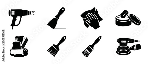 Home Renovation Tools Icon Set for DIY Construction, Painting, and Surface Preparation. Professional Repair Equipment Silhouettes Featuring Heat Gun, Paintbrush, Sander, Scraper, and Cleaning Supplies
