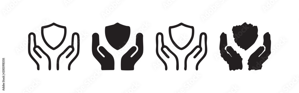 Obraz premium Hands holding a shield icon set: protection, defense, and safety