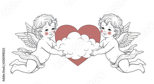 Fotografia Two Cherubs Holding Cloud with Heart Background - Love Symbol