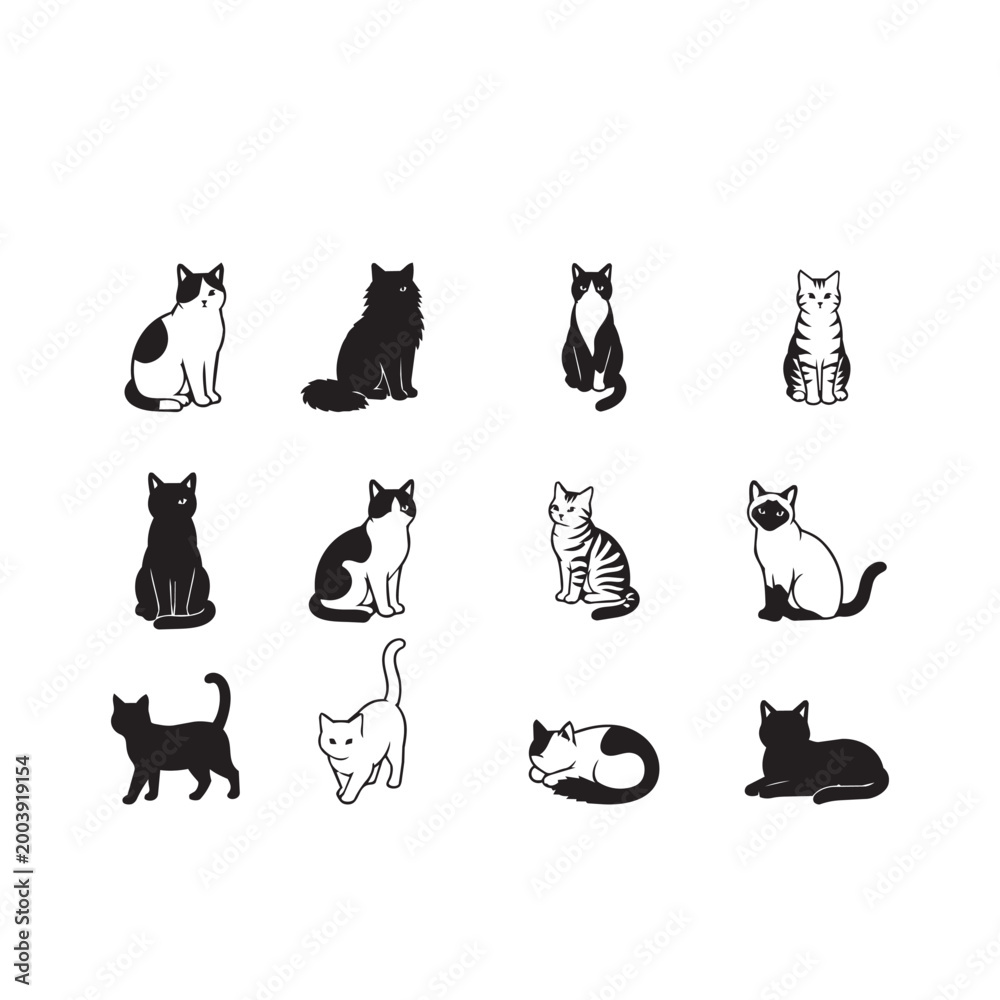 Naklejka premium Four black and white cat illustrations in different poses and styles