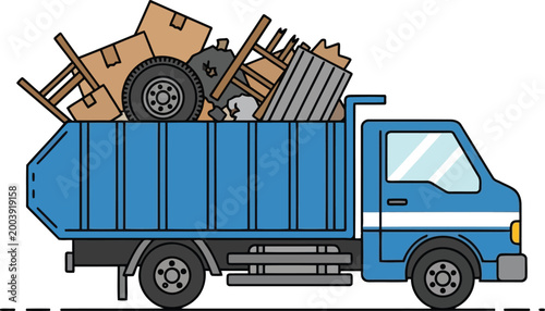 Slika na platnu Professional Junk Removal Truck Vector - Blue Garbage Truck Loaded with Househol
