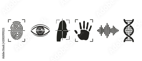 Biometric Identification Icons Set - Fingerprint, Eye Retina, Face Recognition, Hand Scan, Voice Print, and DNA Helix for Digital Security, Cyber Authentication, and Personal Data Protection Technolog