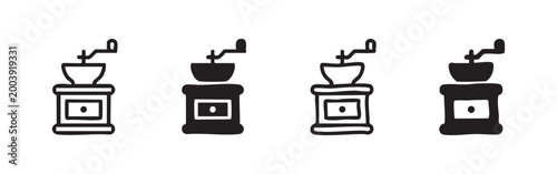 Set of four coffee grinder icons, two outline and two solid black