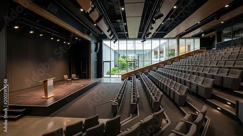 Modern auditorium with tiered seating and stage, featuring a large window overlooking a green courtyard, ideal for presentations and events