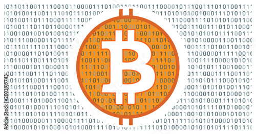 Bitcoin digital currency on binary code data background vector design.