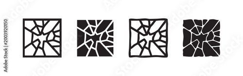 Four broken glass or shattered screen icons: geometric outline, solid black, irregular outline, and irregular solid.