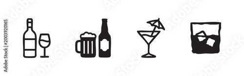Four beverage icons: wine bottle and glass, beer bottle and mug, cocktail, and whiskey glass with ice.