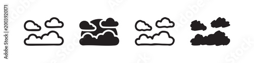 Four cloud icons in different styles: outline, solid, detailed outline, and abstract solid shapes.