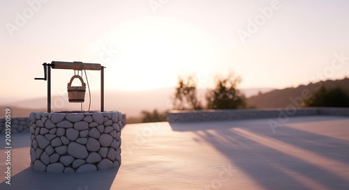 Stone wishing well with wooden bucket during golden hour sunset