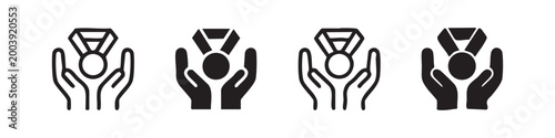Four variations of hands holding a clock icon in black and white