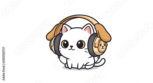 White Cat Wearing Headphones Listening Music.