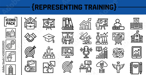 Corporate training outline icon set for courses and onboarding