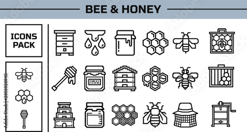 Bee and honey line icons for organic food labels and packaging
