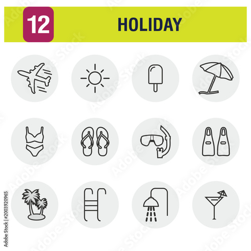 Set of 12 summer holiday and travel icons vector flat design.