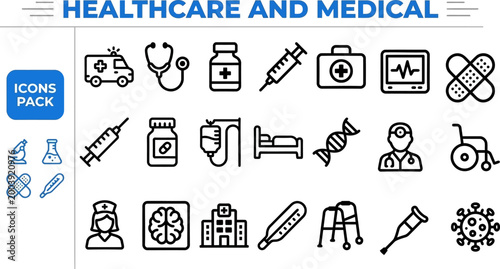 Healthcare medical line icons in editable vector outline style