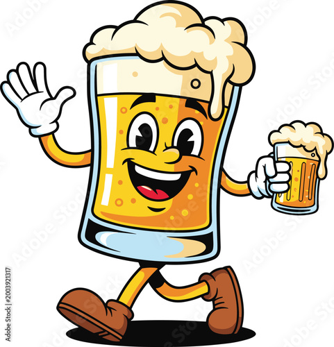 Cartoon vector illustration of cheerful beer glass character with foam, smiling face, and playful pose